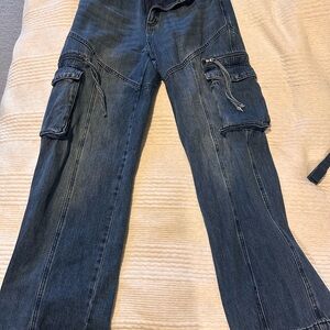Fashion Nova Dark Blue Flare Cargo Jeans